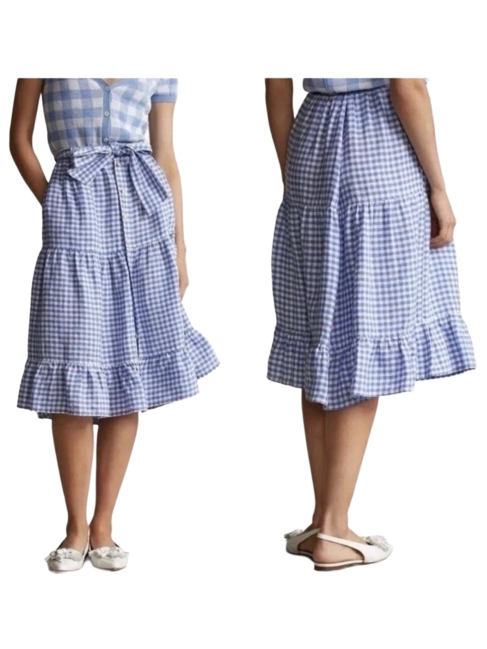 POLO Ralph Lauren Blue Gingham Linen Tiered Ruffle Midi Skirt Pockets Size 4